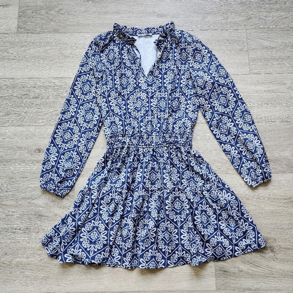 Cupshe Blue Pattern Dress Womens Small Long Sleeve Split Neck Mini Print Summer